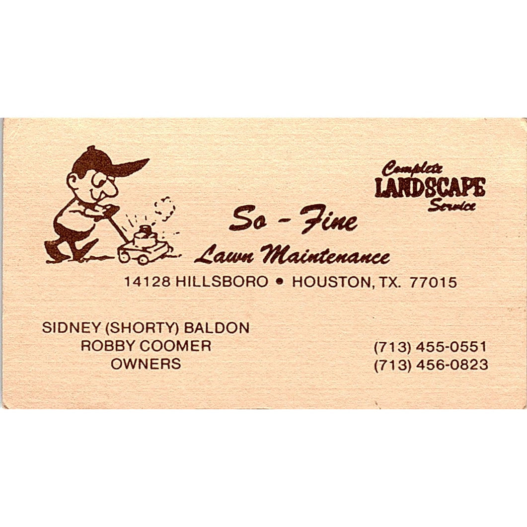 Sidney Baldon Roby Coomer So-Fine Lawn Maintenance Houston Business Card SC9-B5