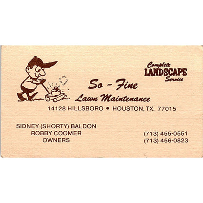 Sidney Baldon Roby Coomer So-Fine Lawn Maintenance Houston Business Card SC9-B5