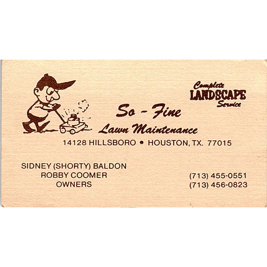 Sidney Baldon Roby Coomer So-Fine Lawn Maintenance Houston Business Card SC9-B5