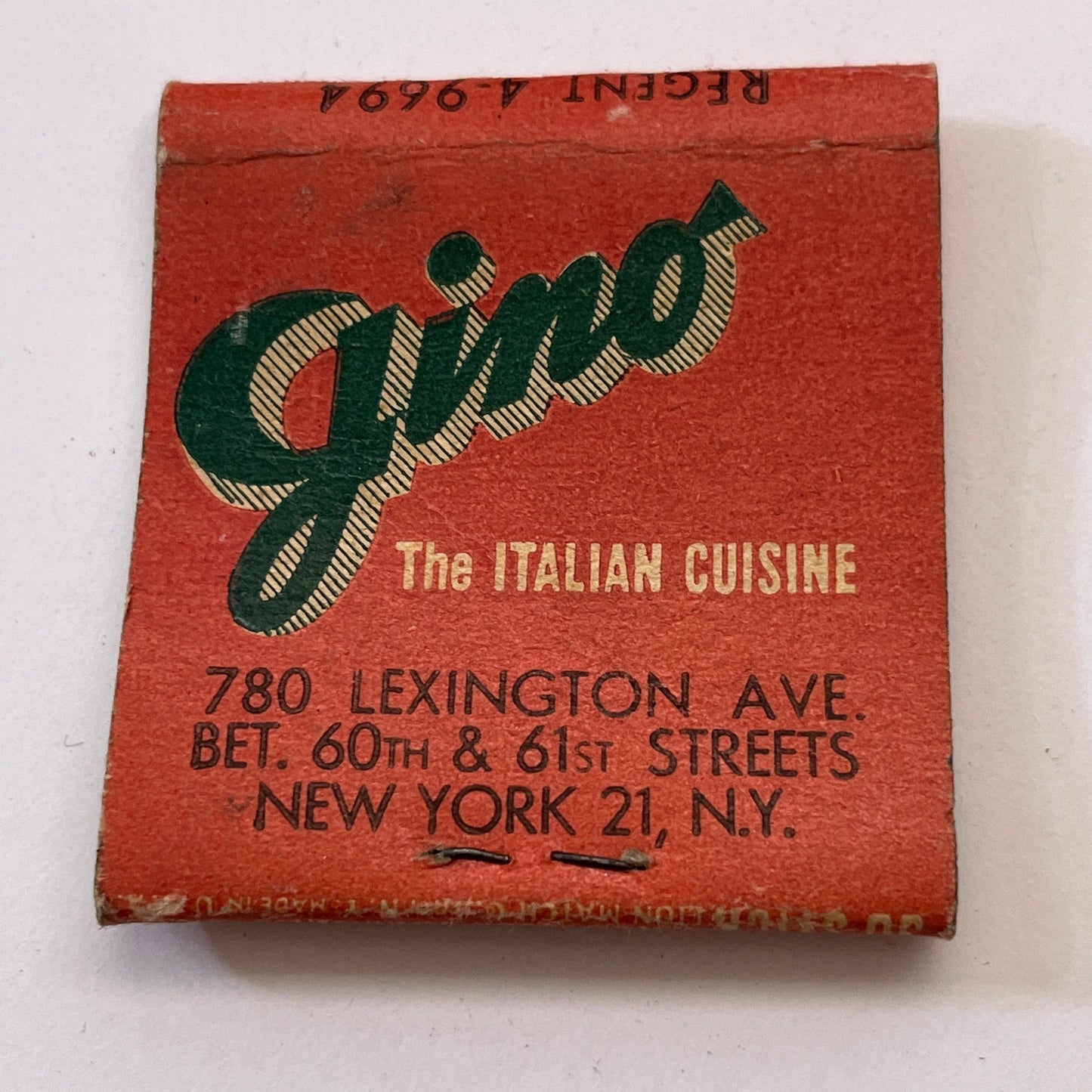 Gino Italian Cuisine 780 Lexington Ave NY Zebras Matchbook Cover TB8-MB3-5