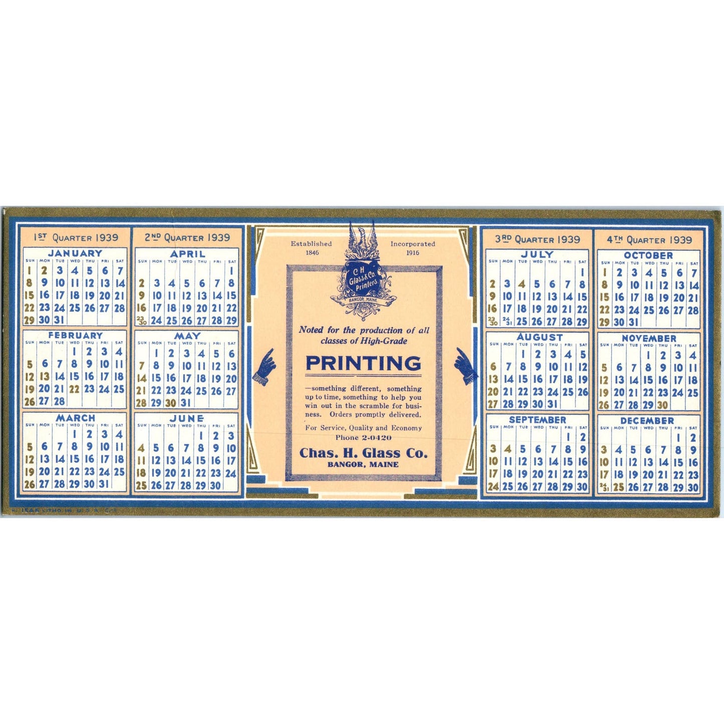 1939 Chas. H. Glass Co Printing Bangor Maine Blotter Card AE9-X3