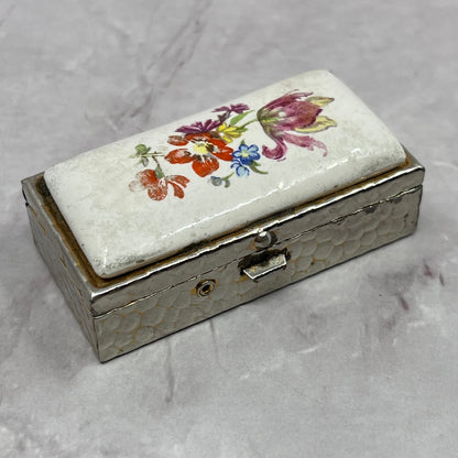 Vintage MCM Pill Box with Hand Painted Porcelain Flower Lid 2" SC1