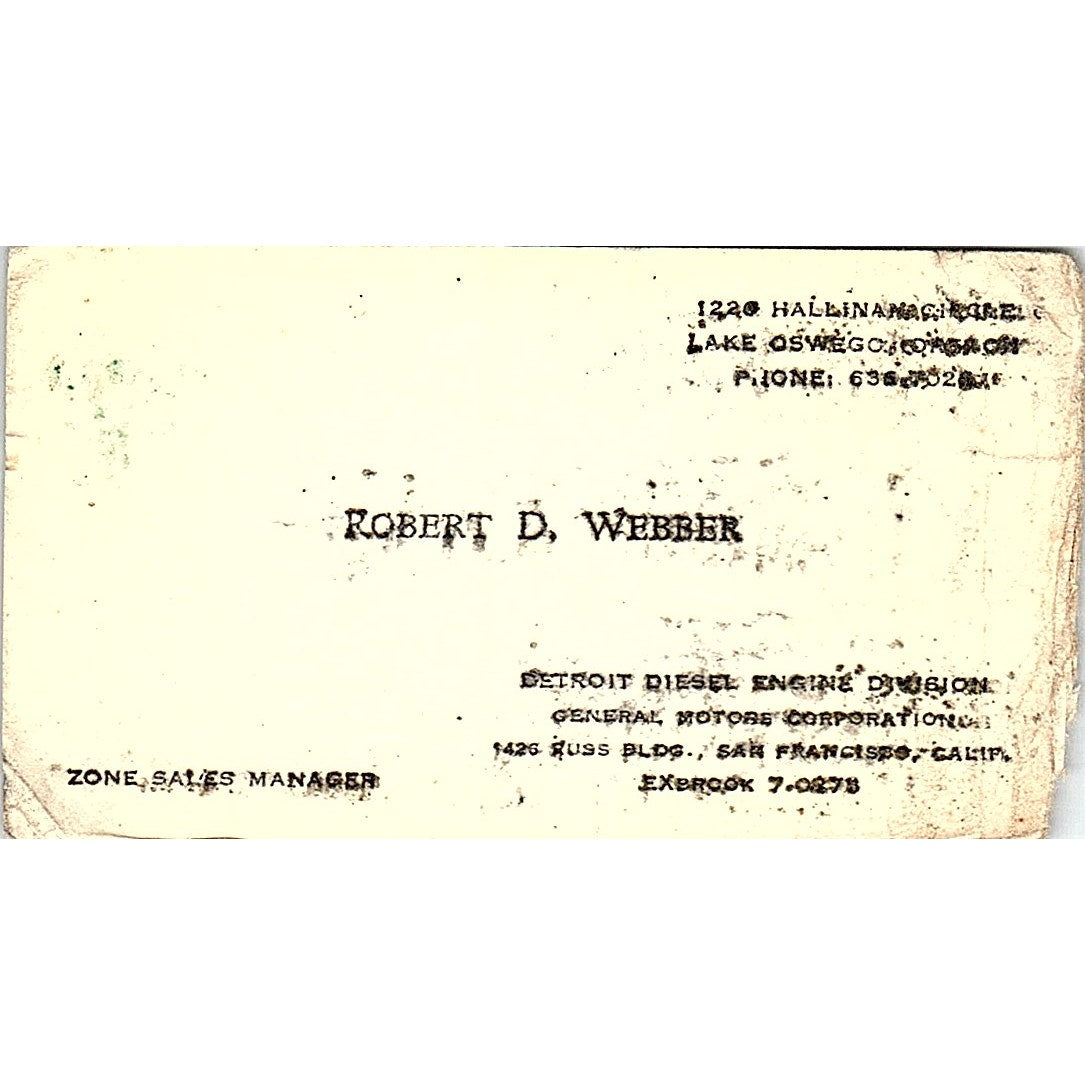 Detroit Diesel Engine Robert D. Webber San Francisco CA Business Card SB4-B5