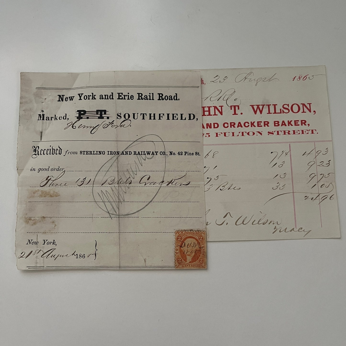 John T. Wilson Bread New York 1865 Civil War Era Billhead & Erie Ry Waybill C15