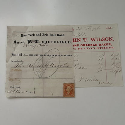 John T. Wilson Bread New York 1865 Civil War Era Billhead & Erie Ry Waybill C15