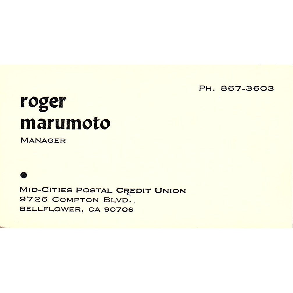 Roger Marumoto Mid-Cities Postal Credit Union Bellflower Business Card SC9-B13