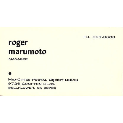 Roger Marumoto Mid-Cities Postal Credit Union Bellflower Business Card SC9-B13