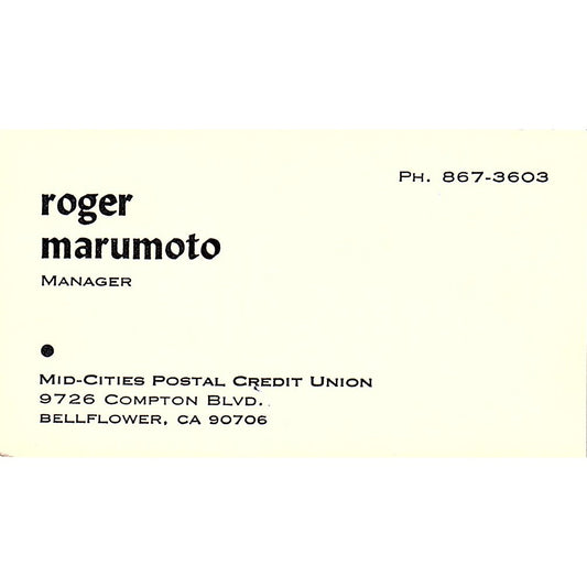 Roger Marumoto Mid-Cities Postal Credit Union Bellflower Business Card SC9-B13