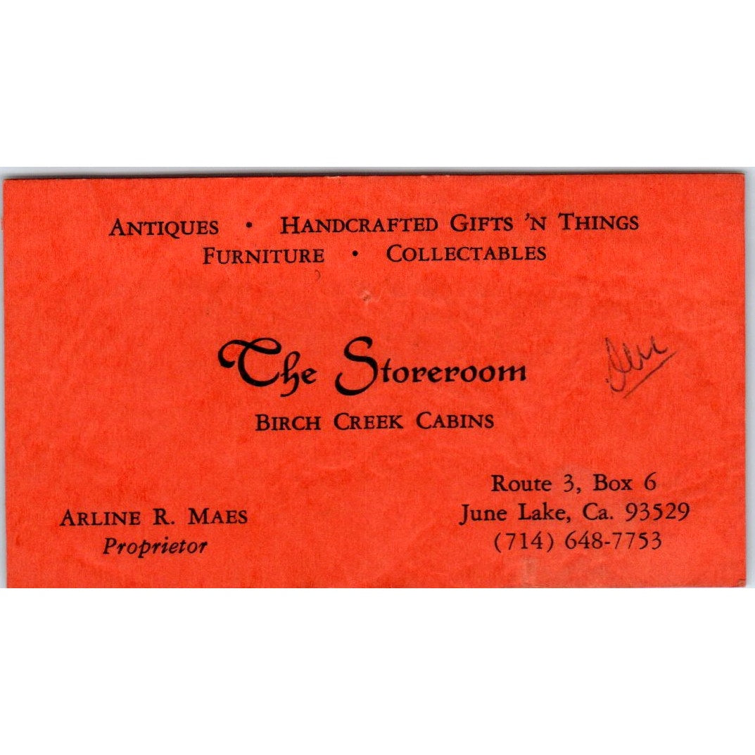 The Storeroom Birch Creek Cabins Arline R Maes June Lake CA Business Card SE3-B2