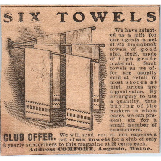Six Towels Club Offer Comfort Augusta Maine 1910 Magazine Ad AF1-CM2