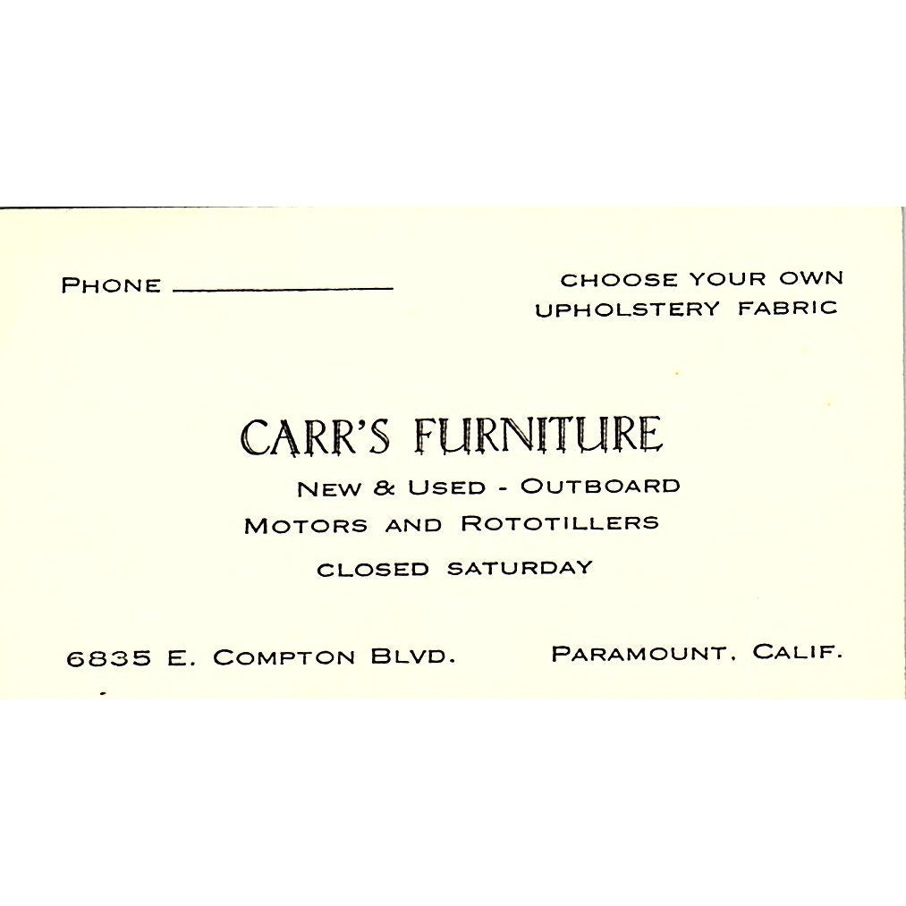 Carr's Furniture Outboard Motors Paramount CA Vintage Business Card SF3-B2