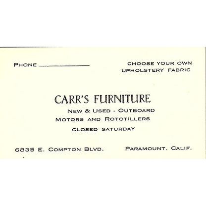 Carr's Furniture Outboard Motors Paramount CA Vintage Business Card SF3-B2
