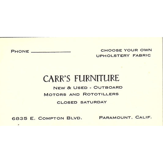 Carr's Furniture Outboard Motors Paramount CA Vintage Business Card SF3-B2