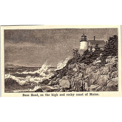 Bass Head Lighthouse on the Coast of Maine 3x4" 1901 Engraving AF6-M11