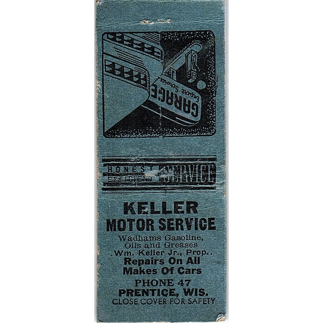 Keller Motor Service Prentice WI Wm. Keller Jr Vintage Matchbook Cover SF3-Y6