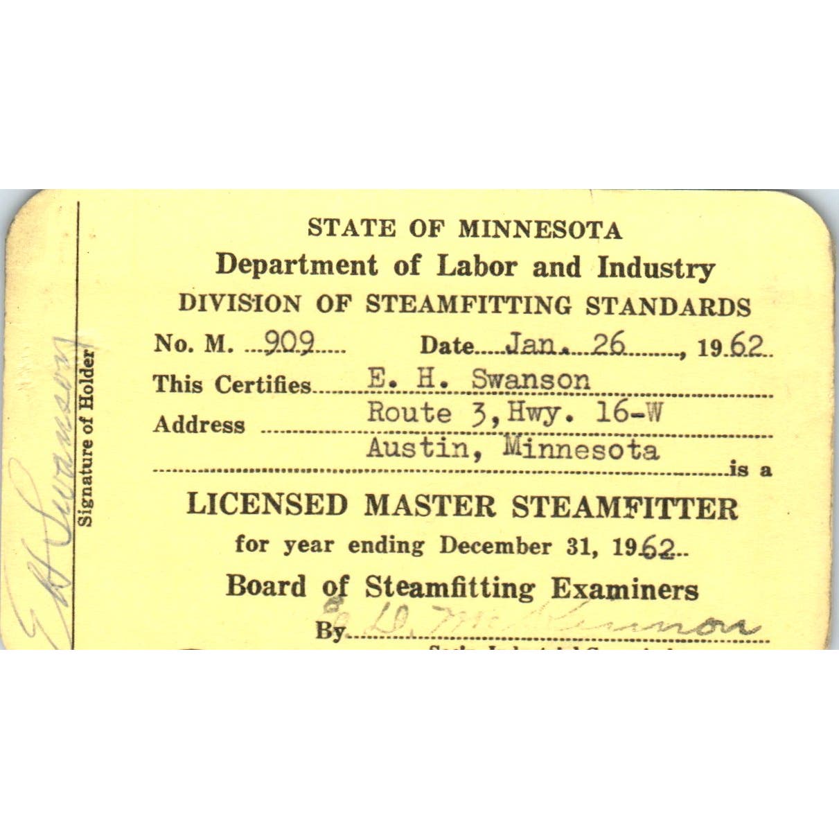 1962 Department of Labor Master Steamfitter Card E.H. Swanson Austin MN AD7