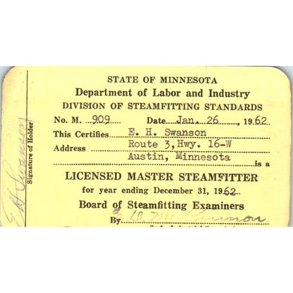 1962 Department of Labor Master Steamfitter Card E.H. Swanson Austin MN AD7