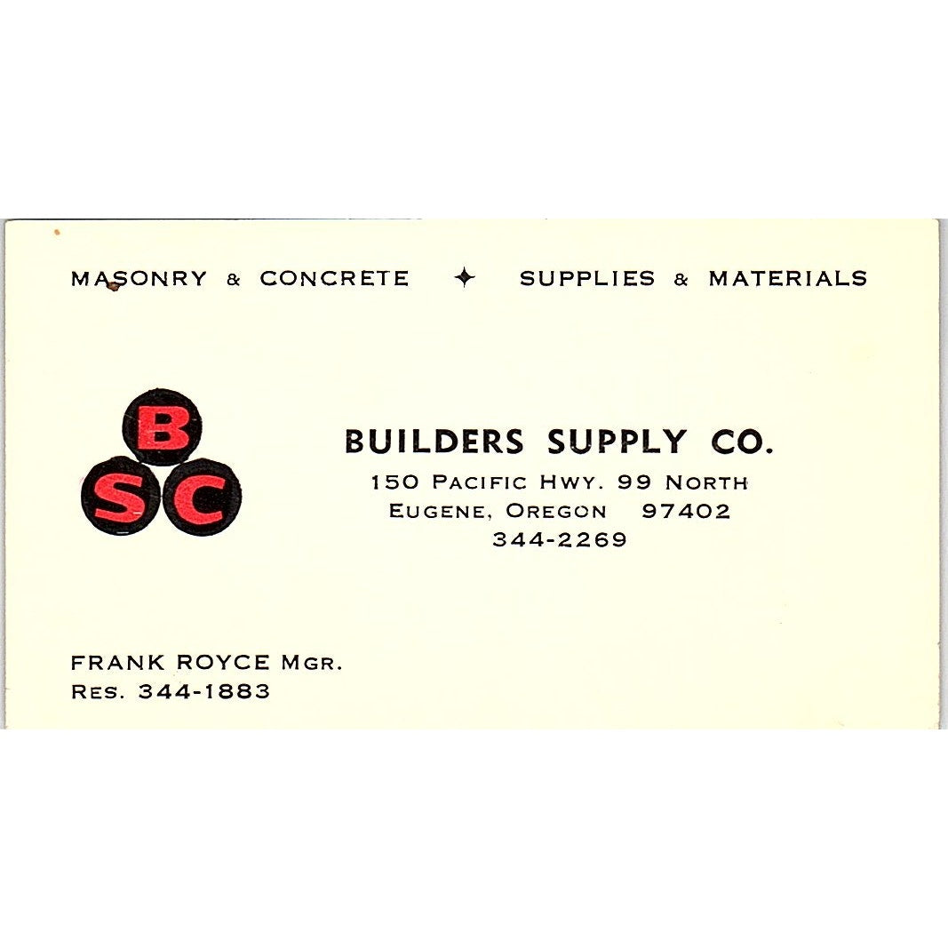 Builder Supply Frank Royce Eugene Oregon Vintage Business Card SB4-B11