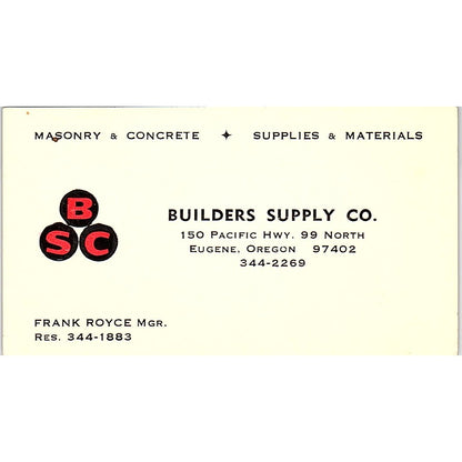 Builder Supply Frank Royce Eugene Oregon Vintage Business Card SB4-B11