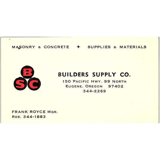 Builder Supply Frank Royce Eugene Oregon Vintage Business Card SB4-B11