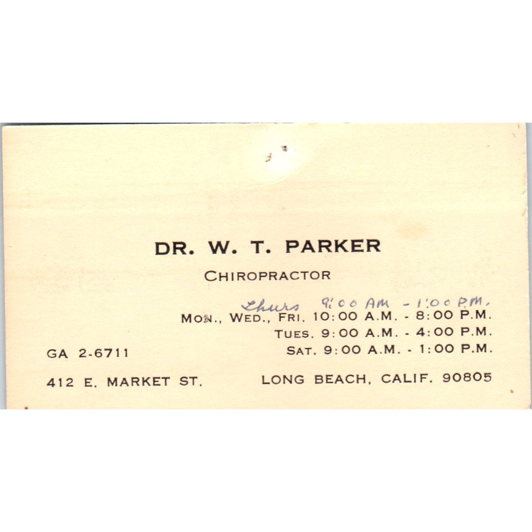 Dr. W.T. Parker Chiropractor Long Beach CA Vintage Business Card SE3-B7