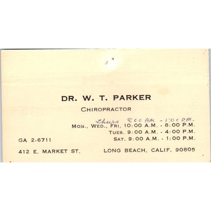 Dr. W.T. Parker Chiropractor Long Beach CA Vintage Business Card SE3-B7