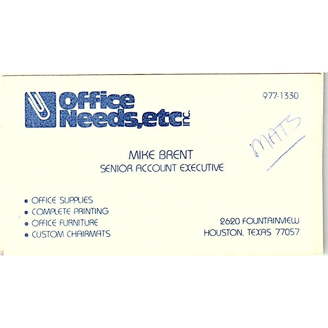 Mike Brent Office Needs, Etc. Houston Vintage Business Card SC9-B5