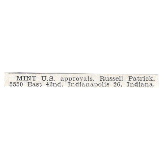 Mint US Approvals - Russell Patrick, Indianapolis IN 1955 Ad AG1-S9