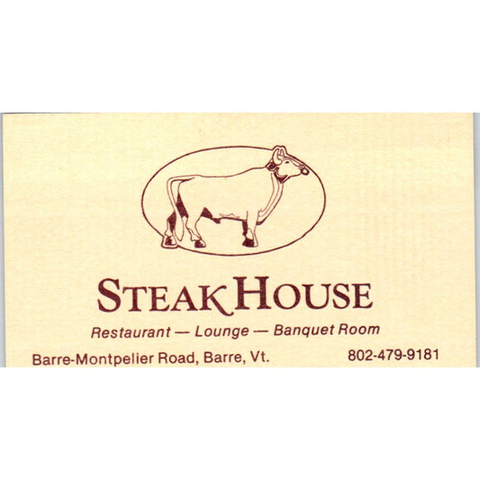 Steakhouse Restaurant Barre-Montpelier Road Barre VT Vtg Business Card SD8-B6
