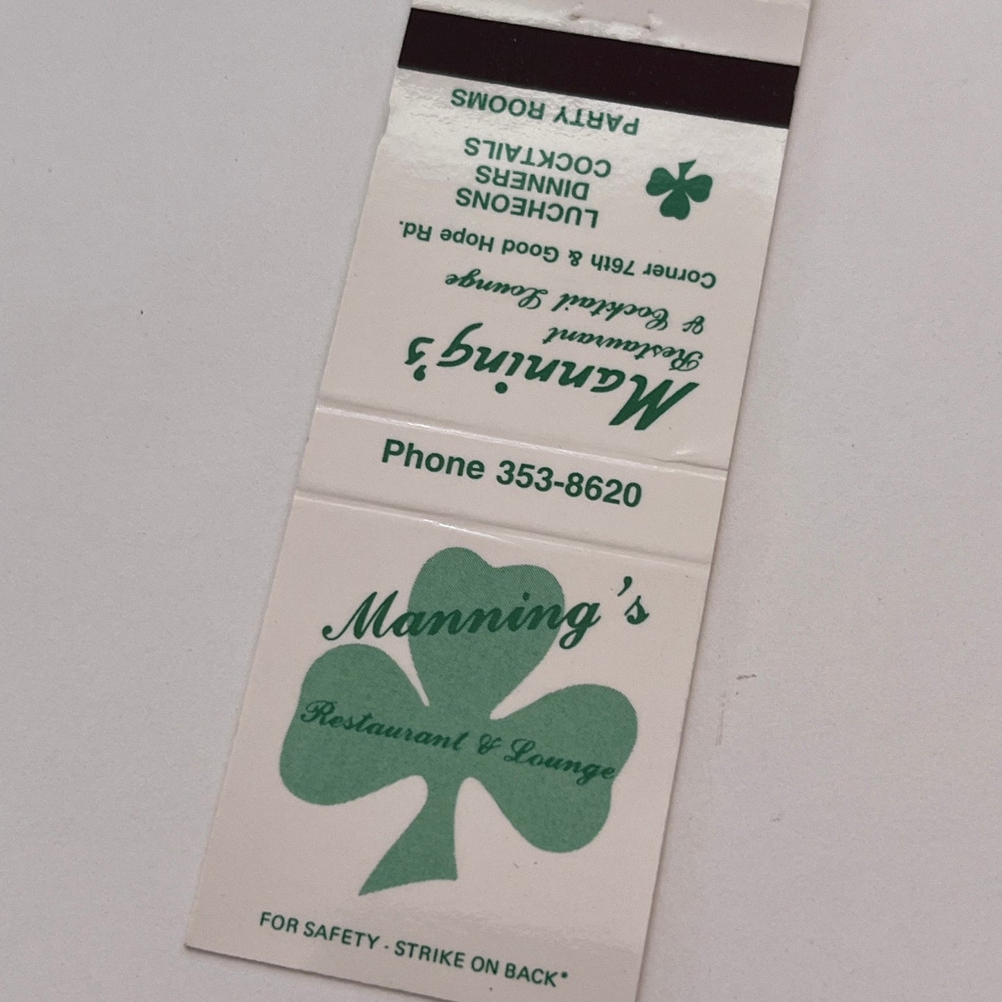 Manning's Restaurant Milwaukee WI Vintage Matchbook Cover TB6-MB2-3