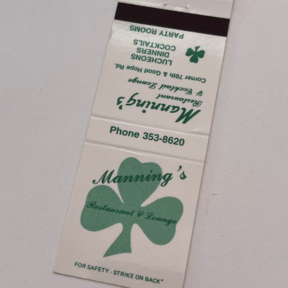 Manning's Restaurant Milwaukee WI Vintage Matchbook Cover TB6-MB2-3