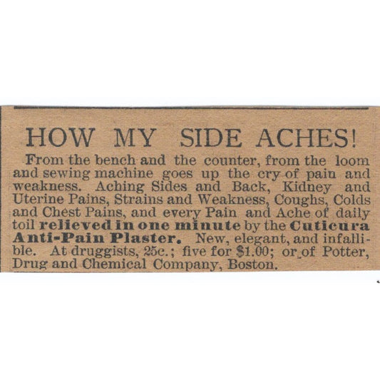 Cuticura Anti-Pain Plaster Potter Drug & Chemical Co 1886 Newspaper Ad AF7-SS7