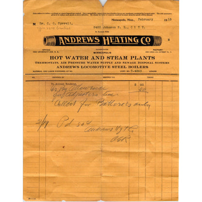 1915 Andrews Heating Co Letterhead Billhead Minneapolis MN D9