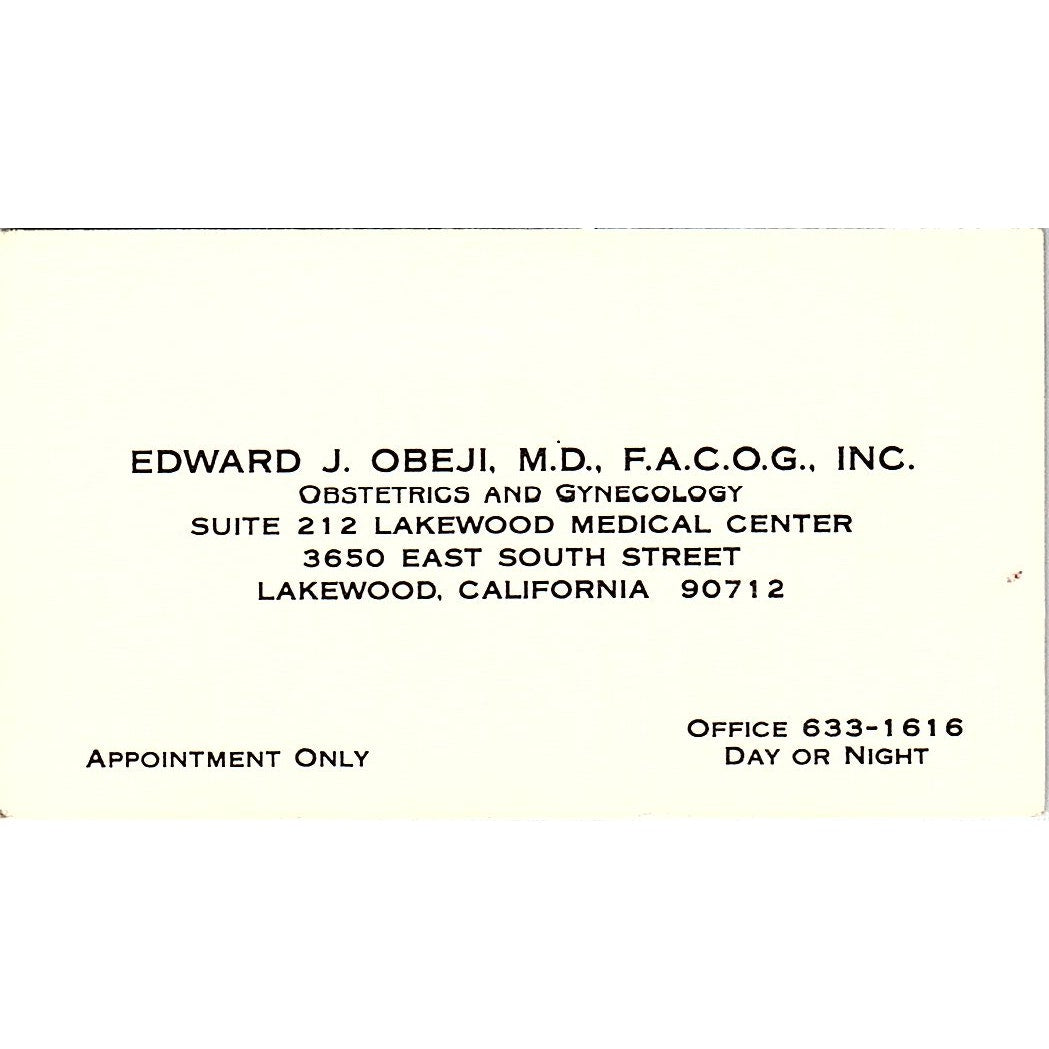 Obsterics and Gynecology Edward Obeji Lakewood CA Vintage Business Card SF3-B9