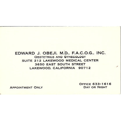 Obsterics and Gynecology Edward Obeji Lakewood CA Vintage Business Card SF3-B9