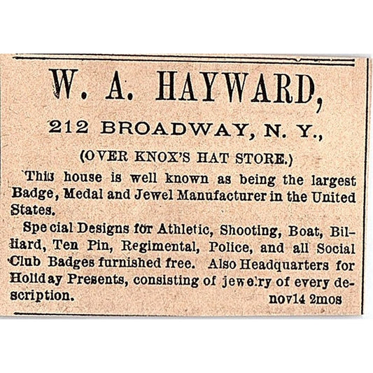 W.A. Hayward Badge, Medal & Jewels 212 Broadway NY 1878 Ad AG2-M15