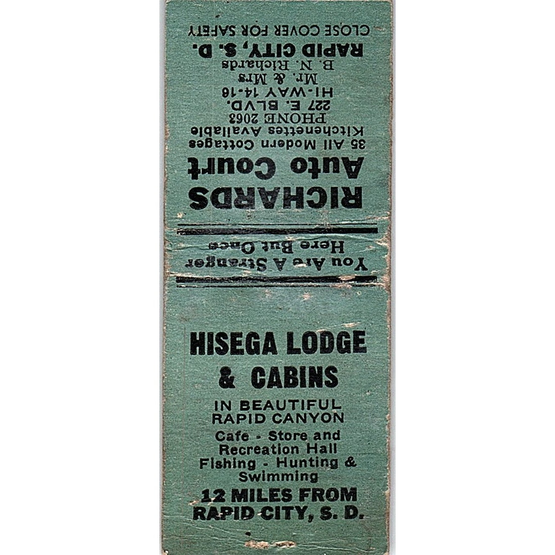 Hisega Lodge Cabins Richards Auto Court Rapid City SD Vtg Matchbook Cover SC7-Y9