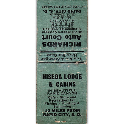 Hisega Lodge Cabins Richards Auto Court Rapid City SD Vtg Matchbook Cover SC7-Y9