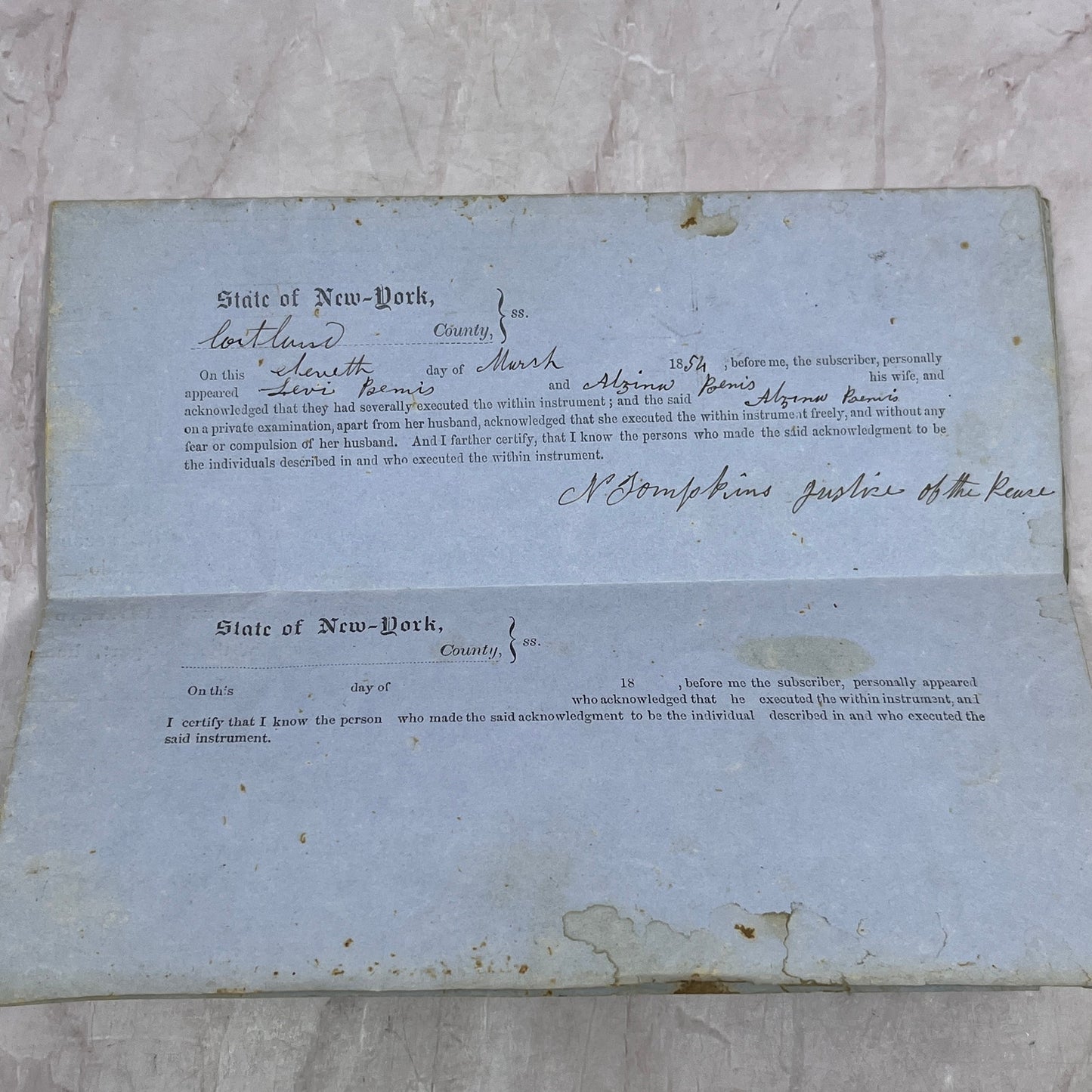 1854 Warranty Deed Levi Bemis Harford Cortland County New York TJ5-E2
