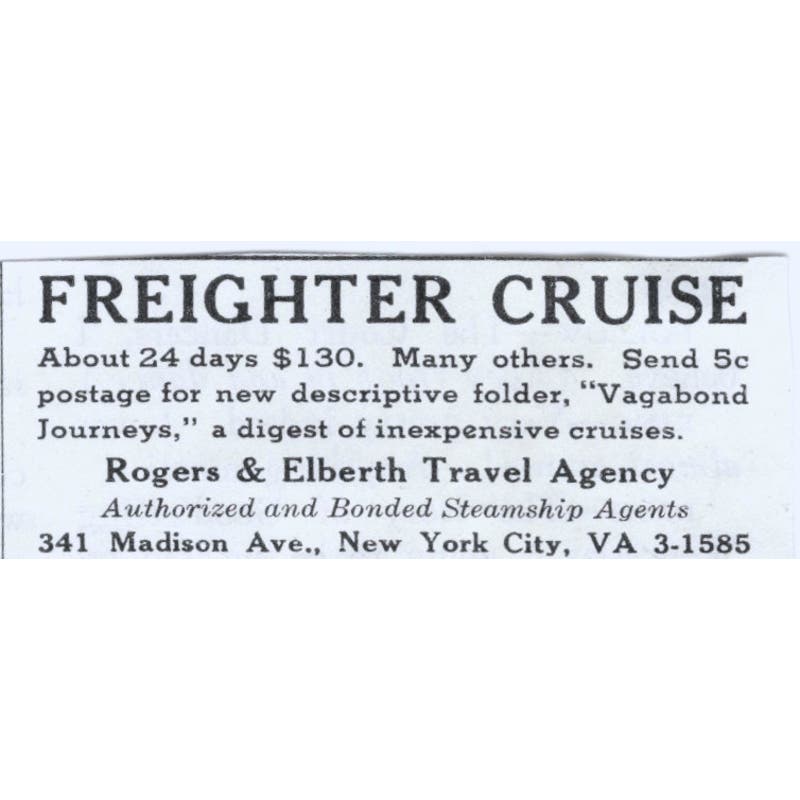 Freighter Cruise Rogers & Elberth Travel Agency NY 1930s Advertisement AE4-I3
