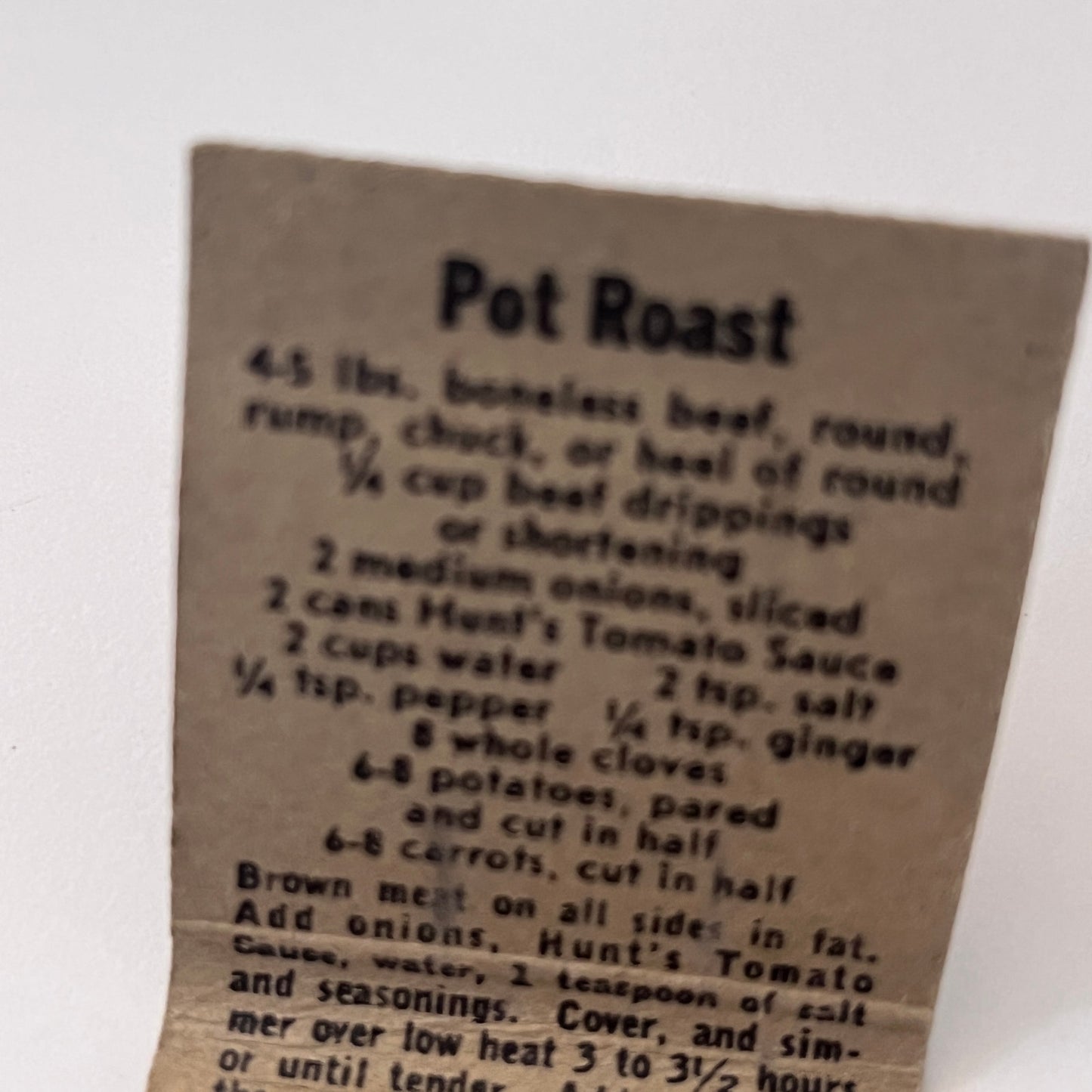Hunt's Tomato Sauce With Pot Roast Recipe Vintage Matchbook Cover TB8-MB-11