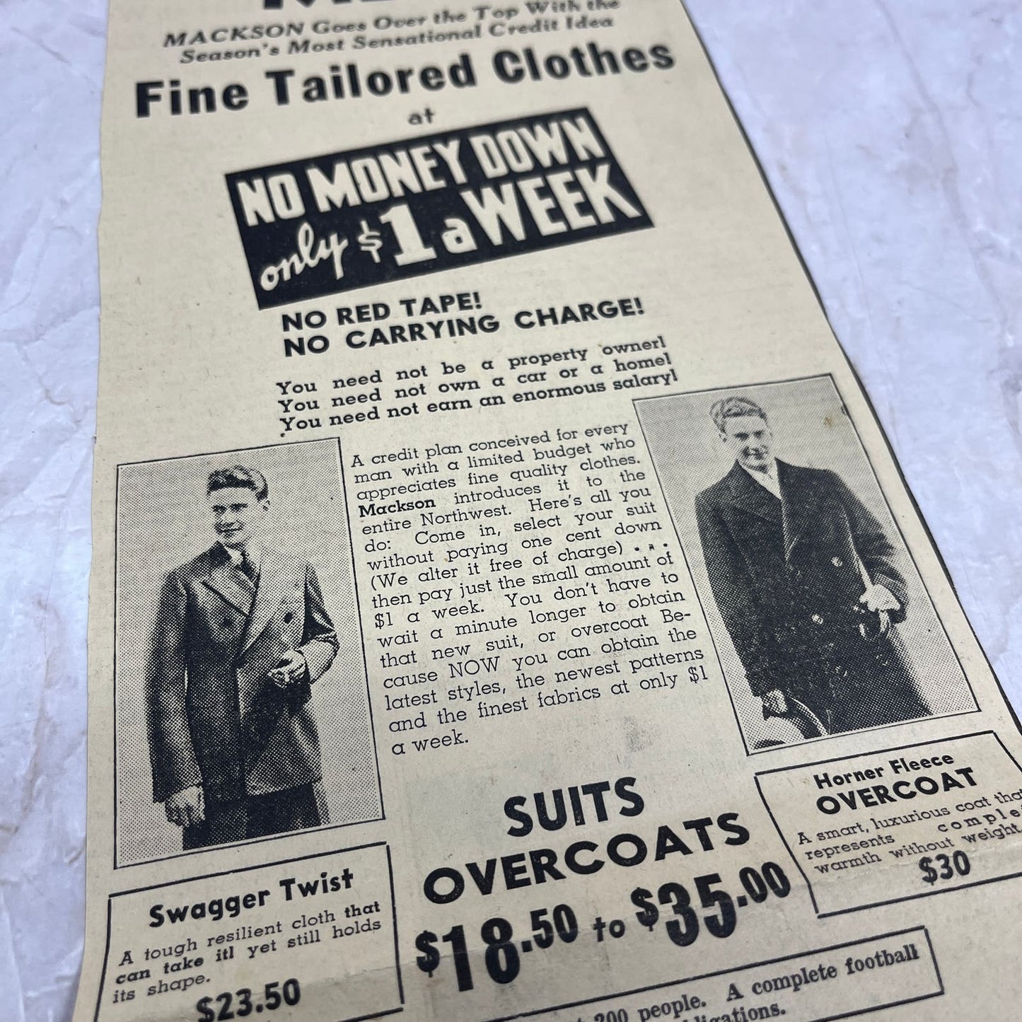 Mackson Tailors 6th St. 6x12" 1935 Minneapolis Journal Advertisement D10