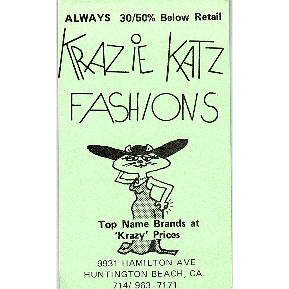 Krazy Katz Fashions Huntington Beach CA Vintage Business Card SE5-B5