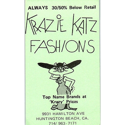 Krazy Katz Fashions Huntington Beach CA Vintage Business Card SE5-B5