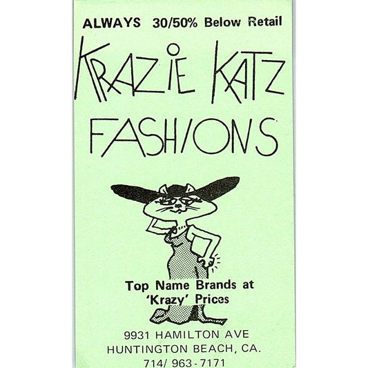 Krazy Katz Fashions Huntington Beach CA Vintage Business Card SE5-B5