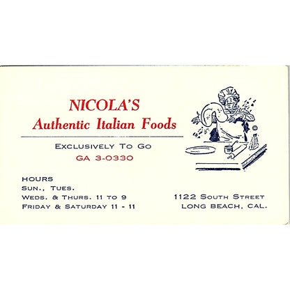 Nicola's Authentic Italian Foods Long Beach CA Vintage Business Card SSB4-B13