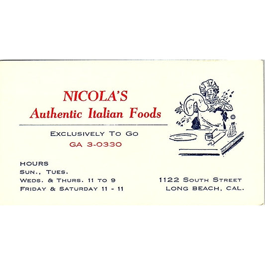 Nicola's Authentic Italian Foods Long Beach CA Vintage Business Card SSB4-B13