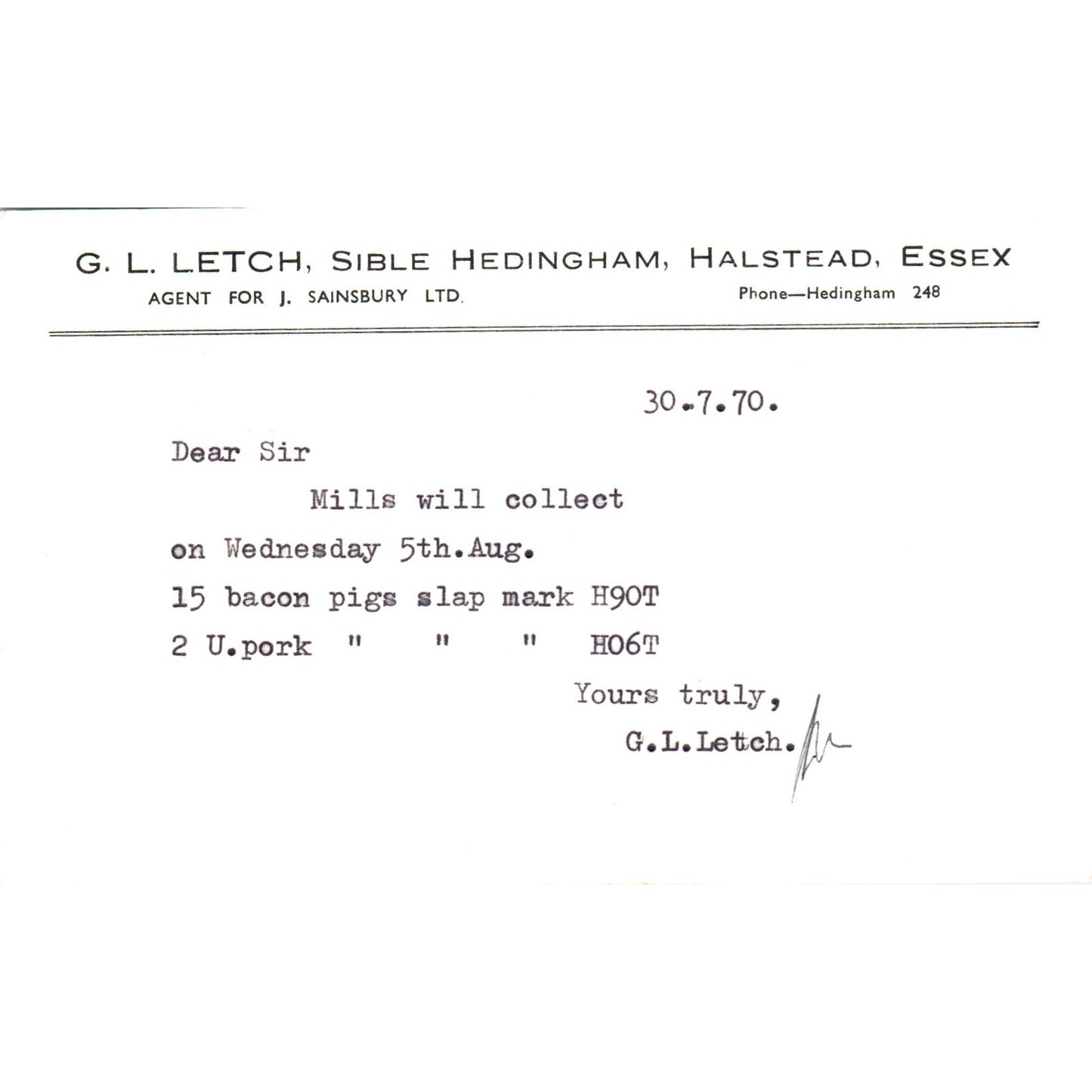 1970 G.L. Letch Sible Hedingham Halstead Essex Postal Mailing Card PE6