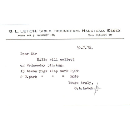 1970 G.L. Letch Sible Hedingham Halstead Essex Postal Mailing Card PE6
