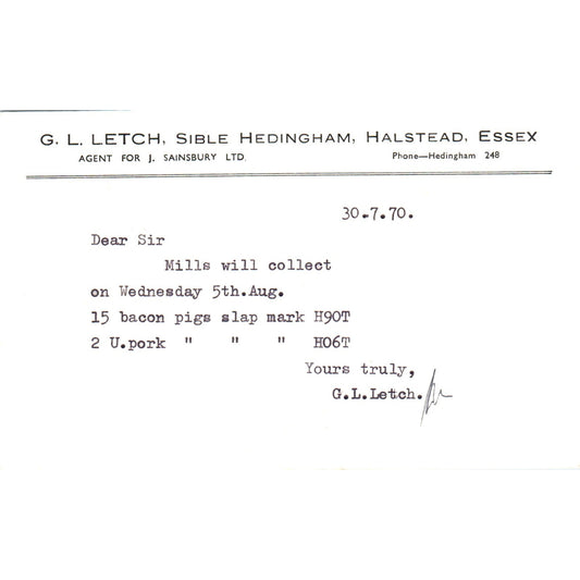 1970 G.L. Letch Sible Hedingham Halstead Essex Postal Mailing Card PE6